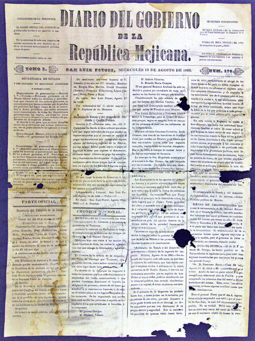 Ejemplar de Diario del Gobierno de la República Mexicana