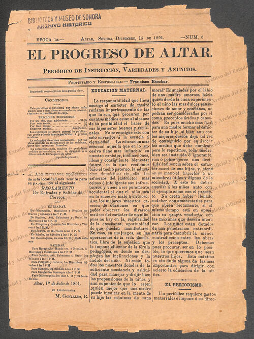 Ejemplar de El Progreso de Altar