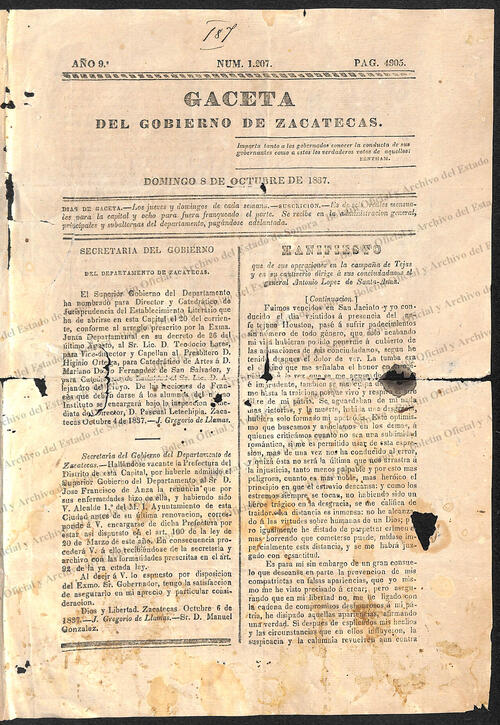Ejemplar de Gaceta del Gobierno de Zacatecas